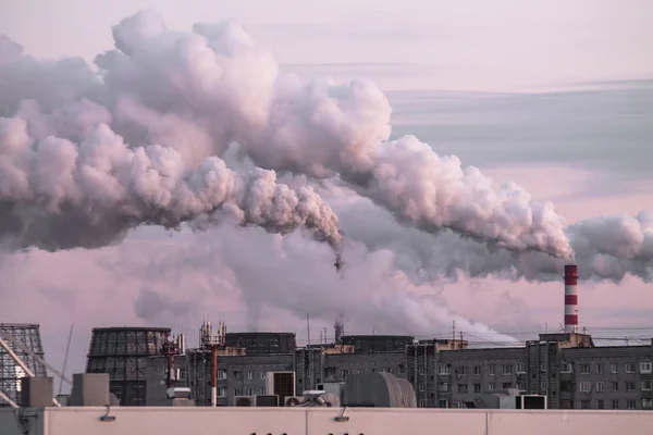 Camini industriali con fumo pesante causando inquinamento atmosferico come problema ecologico sullo sfondo rosa del cielo tramonto — Foto Stock