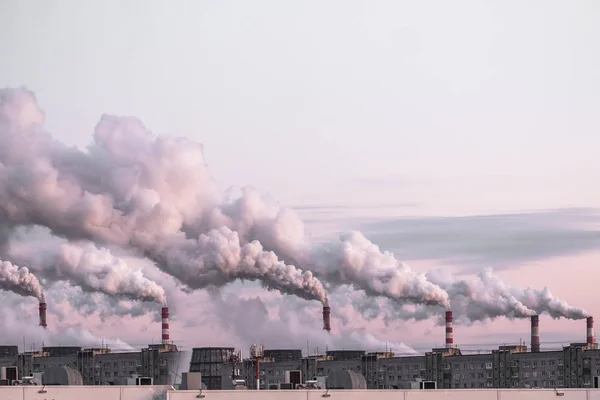 Chimeneas industriales con humo pesado que causan contaminación del aire como problema ecológico en el fondo rosado del cielo al atardecer —  Fotos de Stock