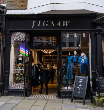 Guildford, United Kingdom - November 06 2019:  The frontage of Jigsaw clothing shop on High Street