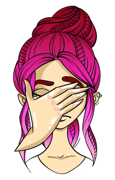 Ροζ μαλλιά κορίτσι πρόσωπο, αναξιοπαθούντα έκφραση του προσώπου, facepalm — Διανυσματικό Αρχείο