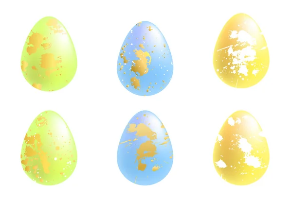 Easter colorful eggs with hand drawn gold and white smear, spot and blot set scandinavian style — Stock Vector