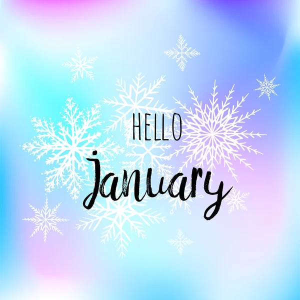 Olá janeiro cartaz com lagos de neve no fundo azul gradint. Impressão motivacional para calendário, planador . — Fotografia de Stock