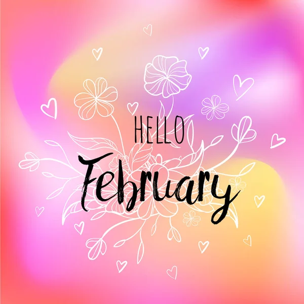 Hello February poster with flowers and hearts. Motivational print for calendar, glider. — Stock Photo, Image