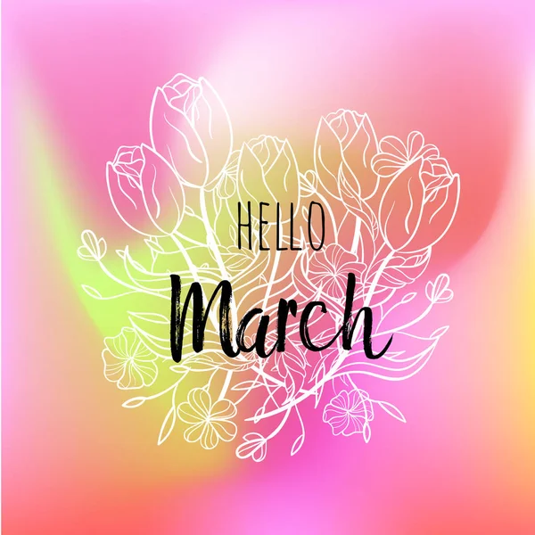 Bună ziua Martie poster cu lalele și flori. Imprimare motivațională pentru calendar, planor, carduri de invitație, broșuri . — Fotografie, imagine de stoc