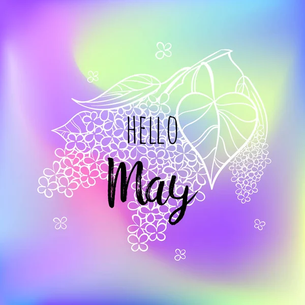 Hello május poszter, lila. Motivációs nyomtatási naptár, vitorlázó, meghívók, prospektusok, plakát, póló. — Stock Fotó