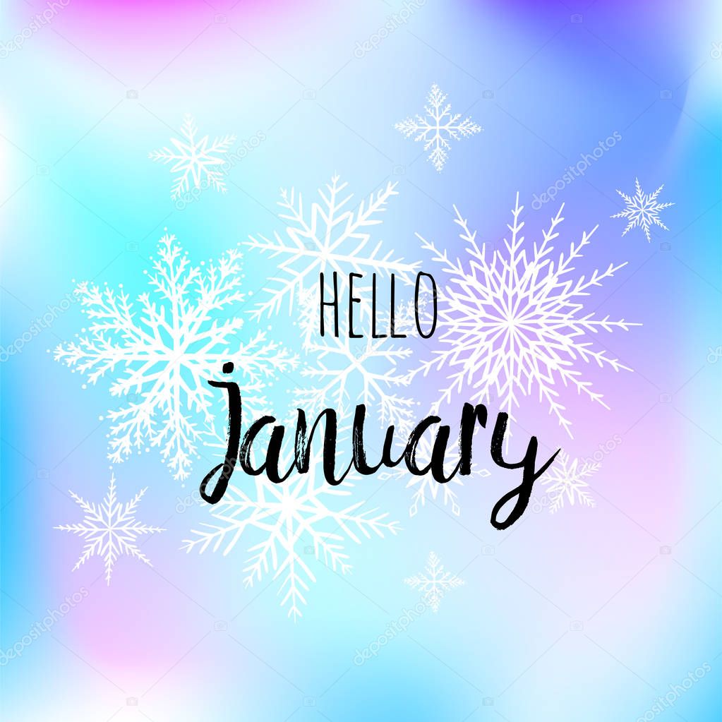 Hello January poster with snowlakes on the blue gradint background