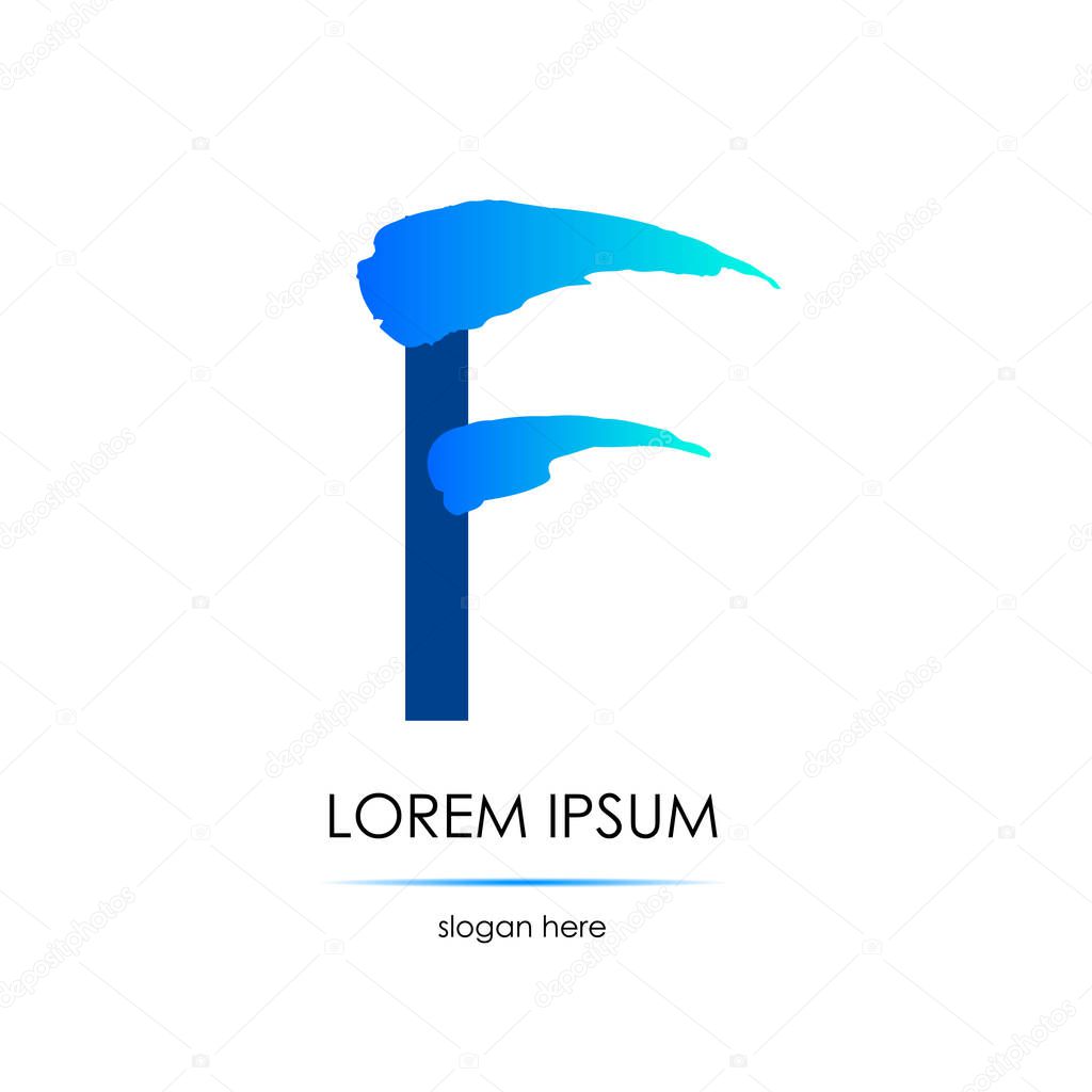 Letter F logo. Smear of a brush. Blue on the white background