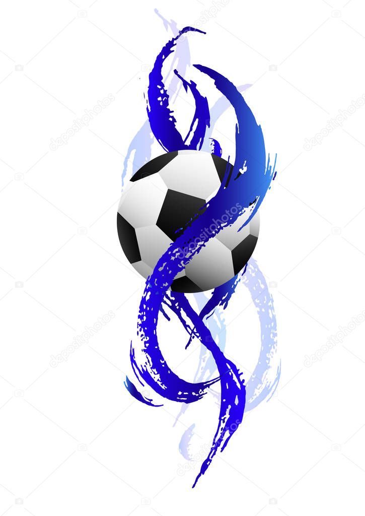 Soccer ball inside blue paint smears on the white background