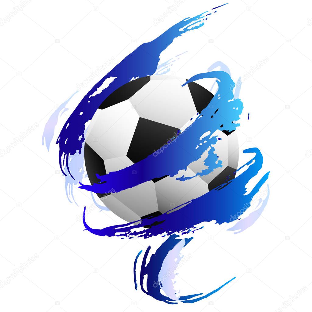 Soccer ball inside blue paint smears on the white background