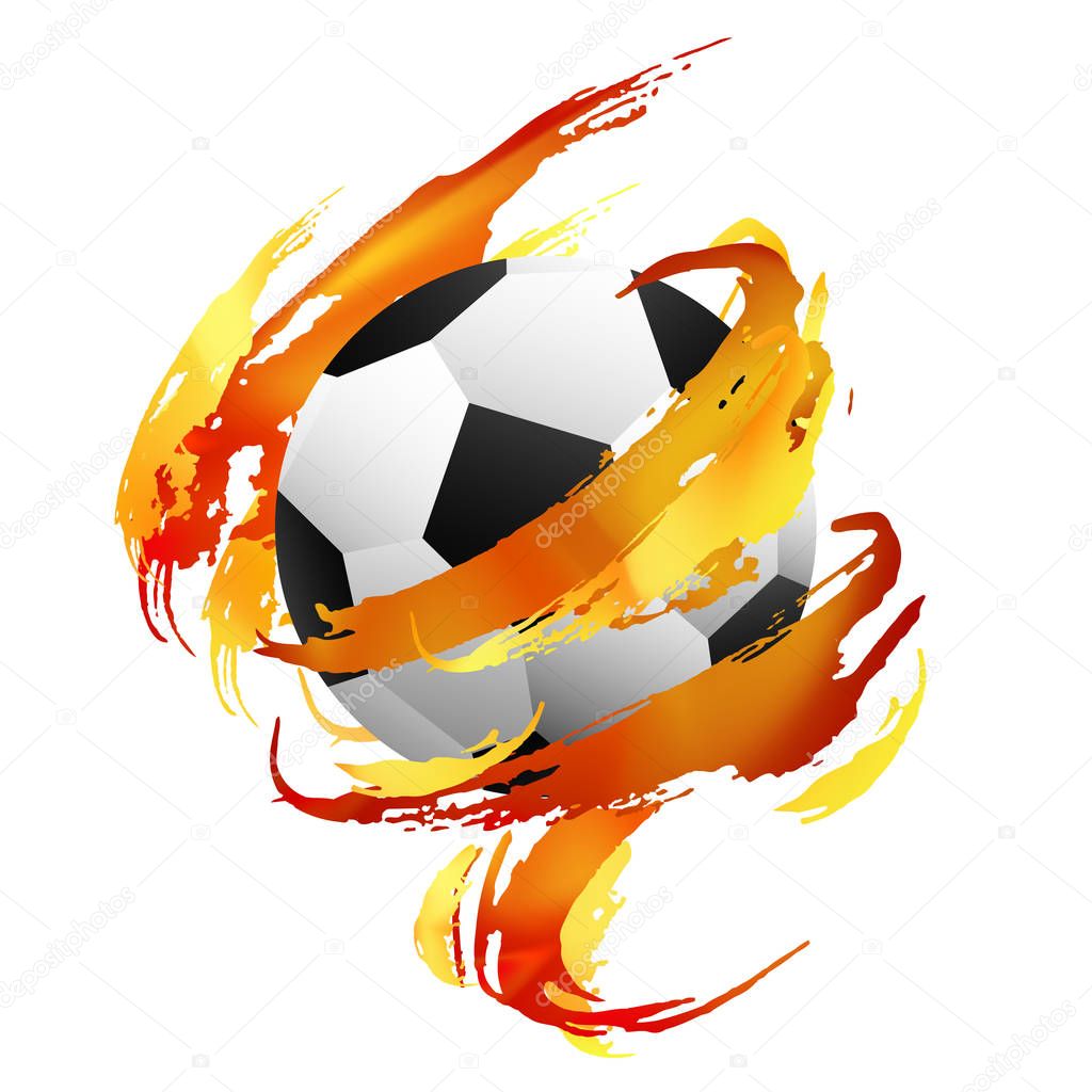 Soccer ball inside orange, red and yellow paint smears on the white background