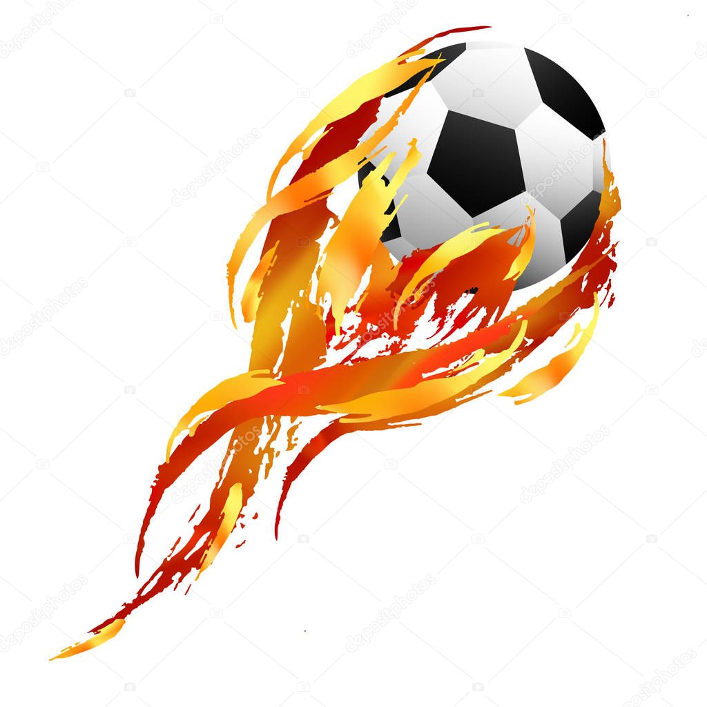 Soccer ball with tail of orange, red and yellow paint smears on the white background