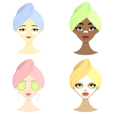 Spa set maske, hidrojel göz bandı, salatalık ve burun maskesi ile farklı milletin güzel kadınların