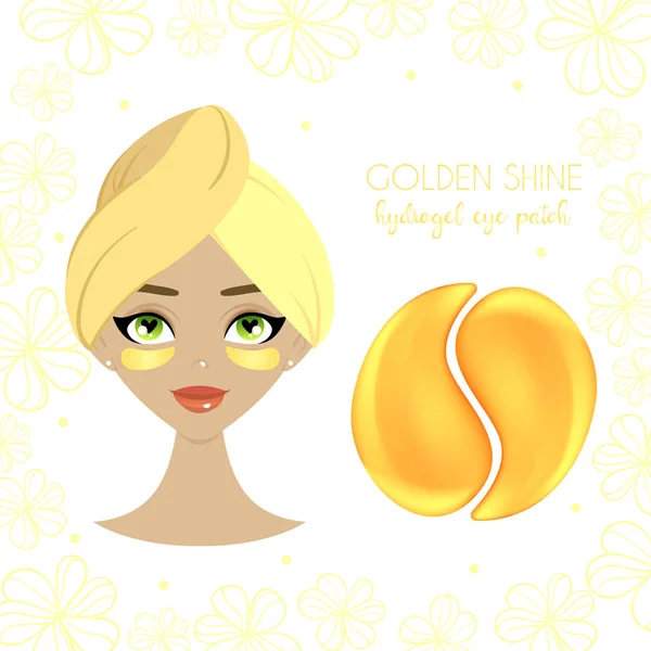 Diseño de paquete para parche de ojo de hidrogel dorado con hermosa niña . — Vector de stock