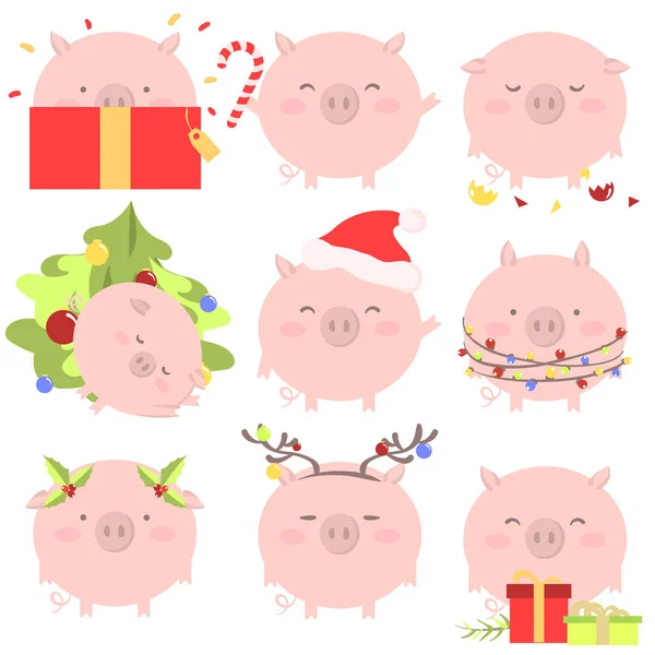 Ensemble de cochon rose avec des émotions différentes — Image vectorielle