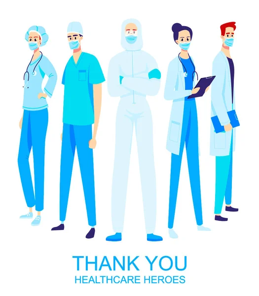 Спасибо героям здравоохранения, работающим в больницах и борющимся со вспышкой коронавируса. Фронтлайнеры, иллюстрация врачей и медсестер в масках — стоковый вектор