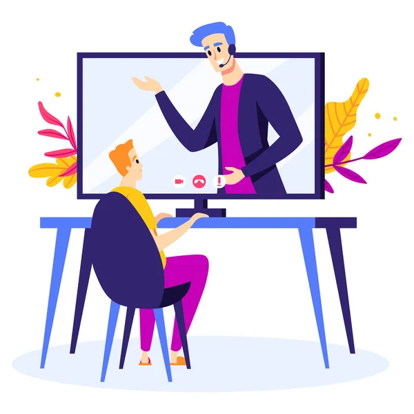 Boy is watching online course. Man teacher on the computer screen. Home schooling, online education. E-learning. — Stock Vector