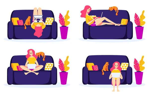 自宅でソファで作業するためのさまざまなポーズのセット。女の子はソファの上のラップトップで位置を変更します。赤猫 — ストックベクタ