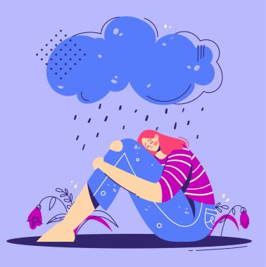 Unhappy, sad depressed young woman hugs legs under rainy cloud. Teenage girl are sitting under rain. Depression concept. clipart