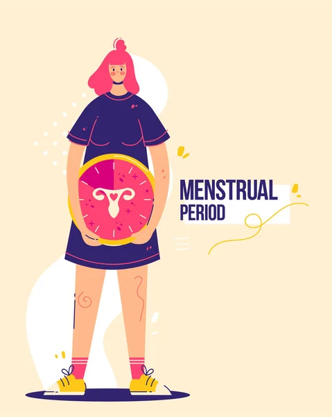 Koncepcja menstruacji. Kobieta trzyma zegar z kobiecą sylwetką narządów płciowych. Okres menstruacyjny. — Wektor stockowy