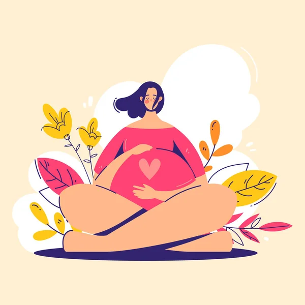Graviditet koncept. Gravid kvinna håller sin mage med hjärta på det. — Stock vektor