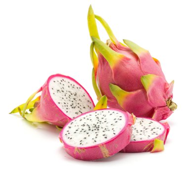 Beyaz arka plan üç dilimleri ve bir whol izole dragon meyve (Pitaya, Pitahaya) dilimlenmiş