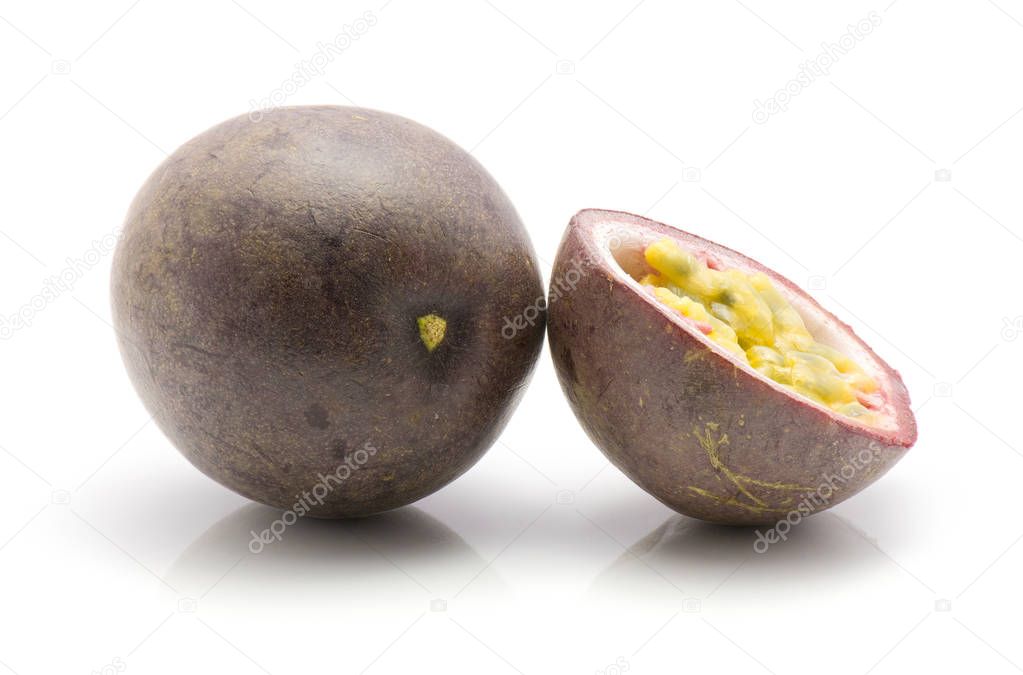 Passion fruits isolated on white background one whole one hal