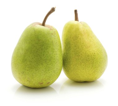 Beyaz adam izole iki yeşil armut