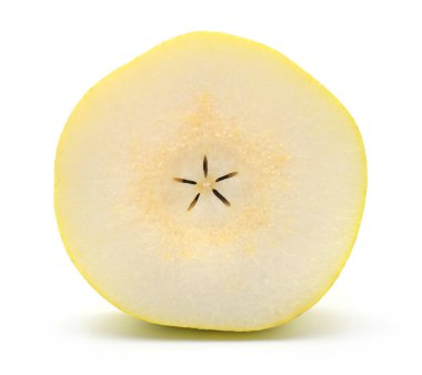 Beyaz adam izole bir yeşil armut dilimlenmiş daire