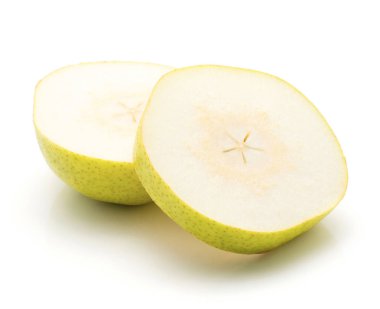 Beyaz adam izole iki dilimlenmiş yeşil armut daire