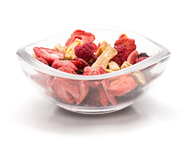 Freeze Dried Berries Mix Glass Bowl Isolated White Backgroun — Stock Photo, Image