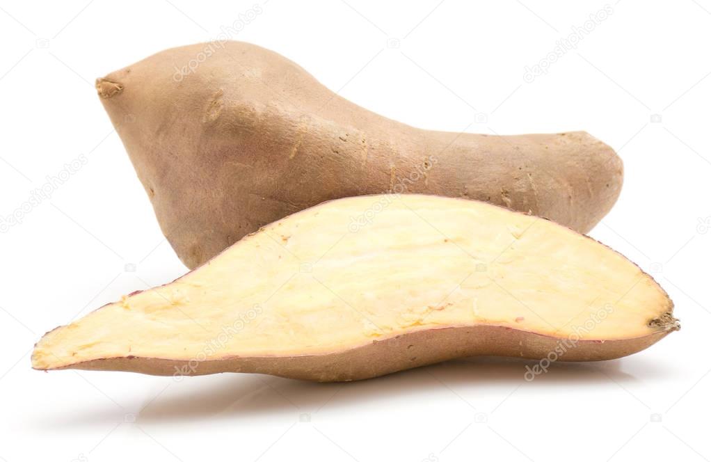 Sweet potato isolated on white background one whole and one cross section hal