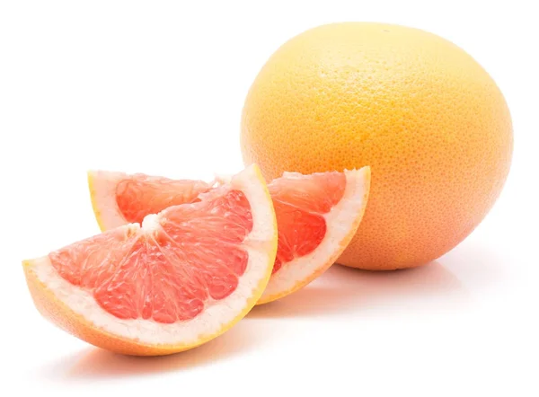 Two Red Grapefruit Slices One Whole Isolated White Backgroun — Stock Photo, Image