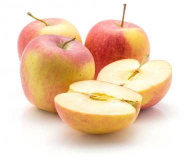 Beyaz arka plan üç tüm kırmızı kaynaklanıyor ve iki sarı izole Apple seti (Evelina çeşitli) yarıya