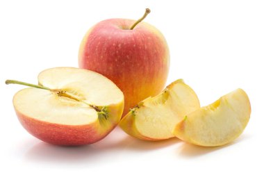 Apple seti (Evelina çeşitli) izole beyaz zemin üzerine bir bütün yarım iki compositio dilim