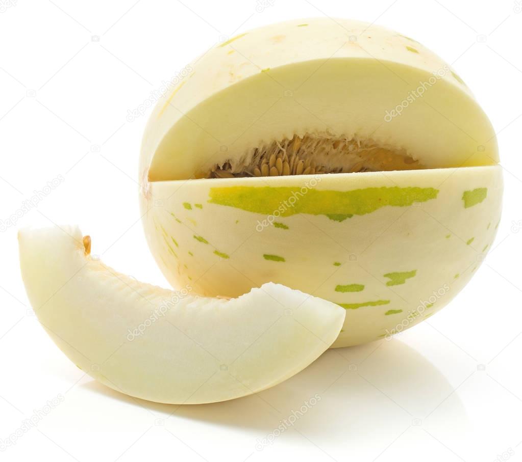 Sliced melon (Piel de Sapo, Honeydew) isolated on white background one cut open with a slic