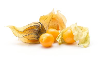 Beyaz arka plan üç turuncu meyveler ve bir sürü hus izole Physalis yığını