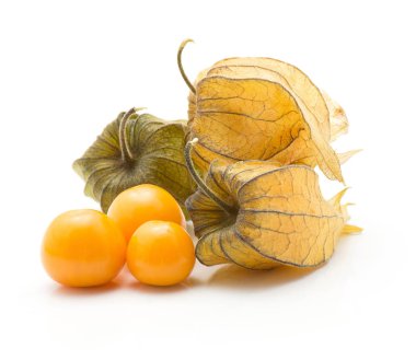 Beyaz arka plan üç turuncu meyveler ve üç hus izole Physalis yığını