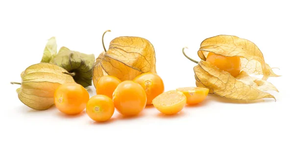 Physalis Berries Stack Isolated White Background Many Husk Lot Orange — Stock Photo, Image