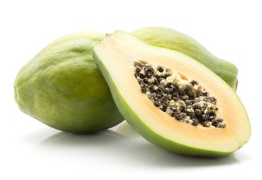 Papaya (pawpaw, papaw) isolated on white background two whole green and one half with seed clipart