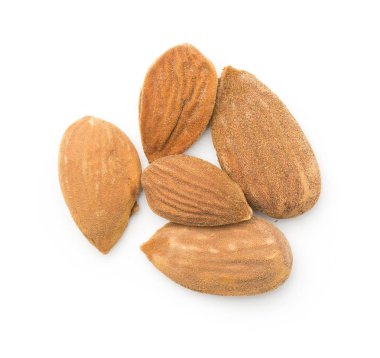 Kabuklu badem beş fındık üzerinde beyaz adam izole görünümü top