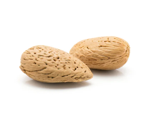 Deux Amandes Non Décortiquées Isolées Sur Fond Blanc — Photo