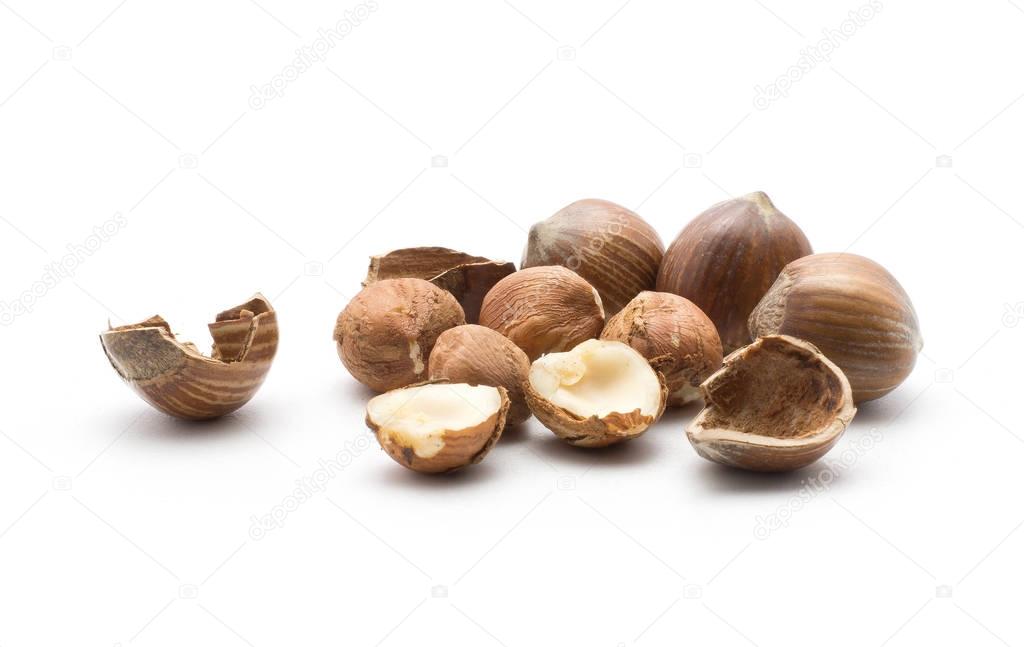 Hazelnuts isolated on white background group of brown nut