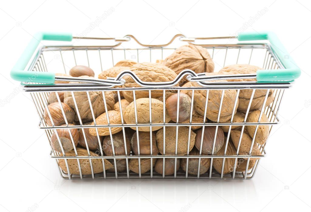 Nuts mix (walnut, hazelnut and almond) in a shopping basket isolated on white backgroun