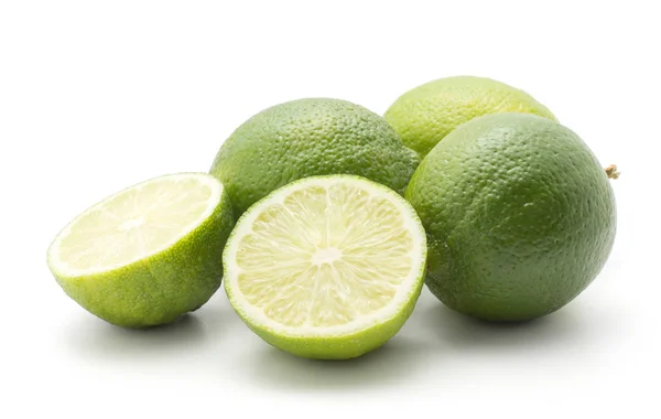 Three Limes Two Halves Isolated White Backgroun — Stock Photo, Image