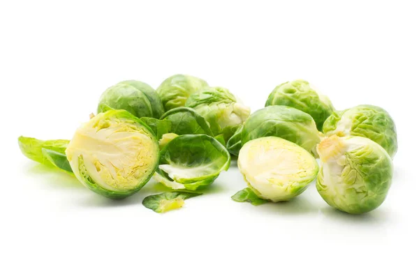 Boiled Brussels Sprout Leaves Stack Several Heads Two Halves Isolated — Stock Photo, Image
