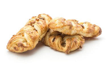 Üç pekan somun ekmek büküm ve üzerinde beyaz adam izole içinde reçel