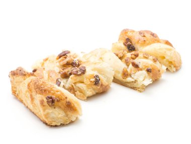 Pekan somun ve reçel izole üzerinde beyaz adam içinde dört adet dilimlenmiş ekmek twist