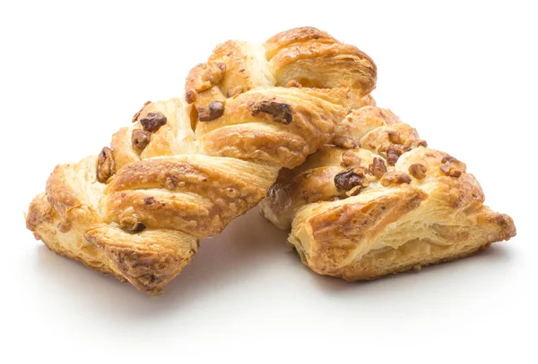 İki büküm ekmek üzerinde beyaz izole pekan somun ile arka plan ve insid jam