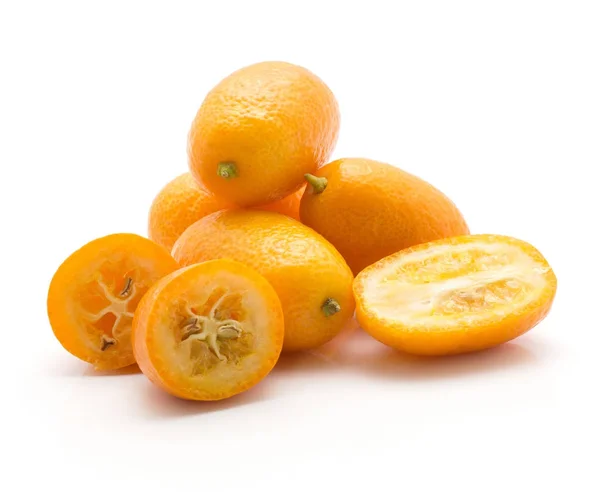 Kumquat Set Isolated White Background Four Whole Three Sliced Halve — Stock Photo, Image