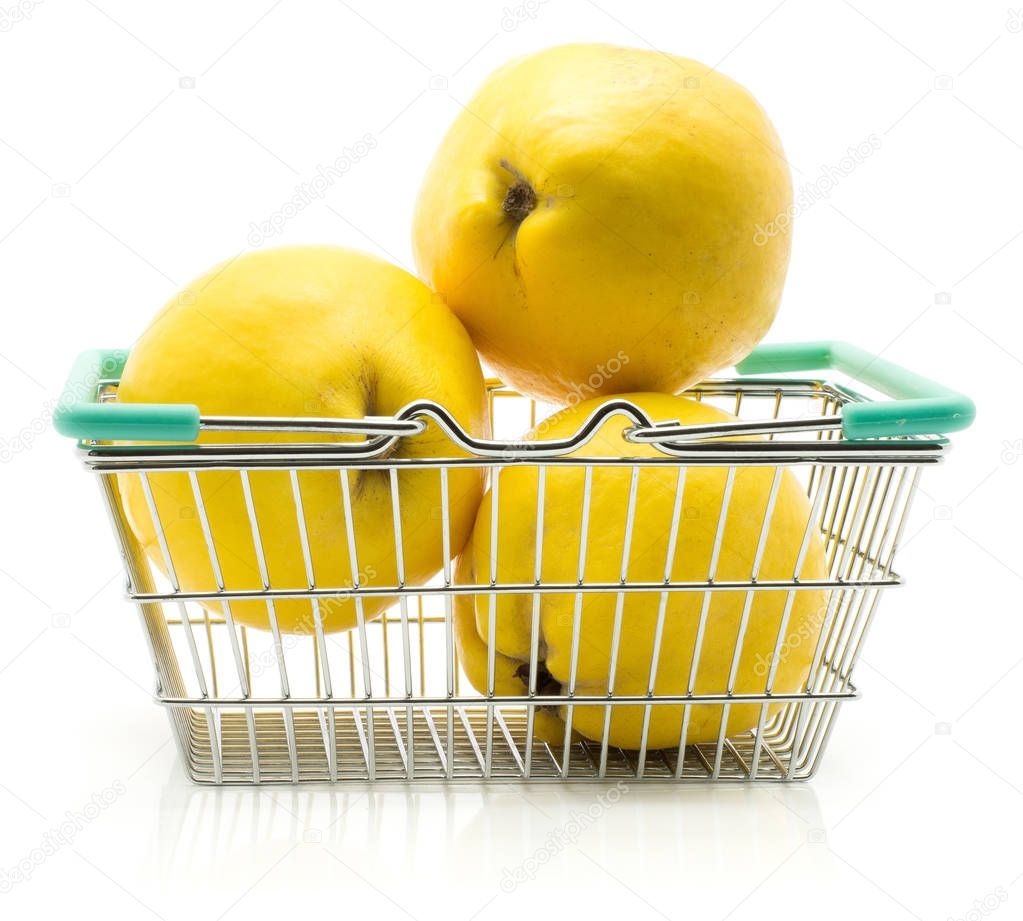 Three yellow quince out a shopping basket isolated on white background raw fresh